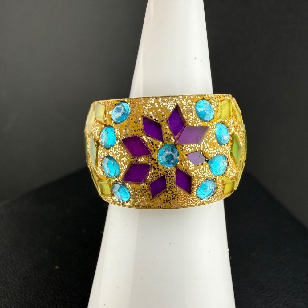 Inlay Cocktail Ring Blue Green Purple Gold Tone Band Wide Size 7